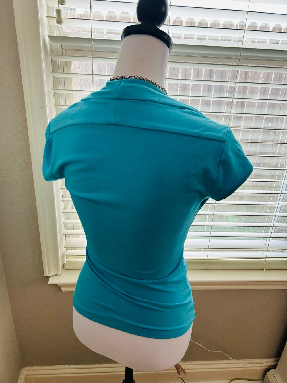 Cache 90s Y2K Aqua Turquoise Blue Ruched Wrap Style Sweetheart Neck Knit Top S - Picture 5 of 7